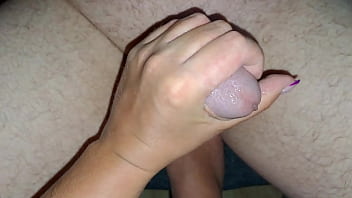Teen stepsister tease my lubed penis till I cum on she's leg.