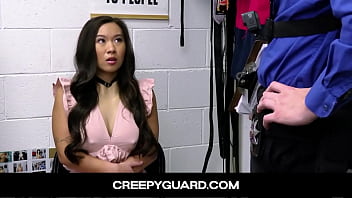 CreepyGuard-Sexy Asian Merchandise Shoplifter Kimmy Kim is caught red handed now she has to get naked and suck the guard's cock