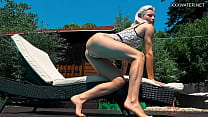 Outdoor swimming pool erotics with naked Zazie
